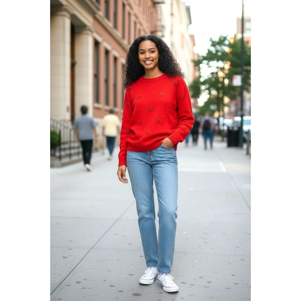 (J-261) Kim Gravel Jingle Belles Red Tinsel Dot Sweater Medium NWT QVC Christmas